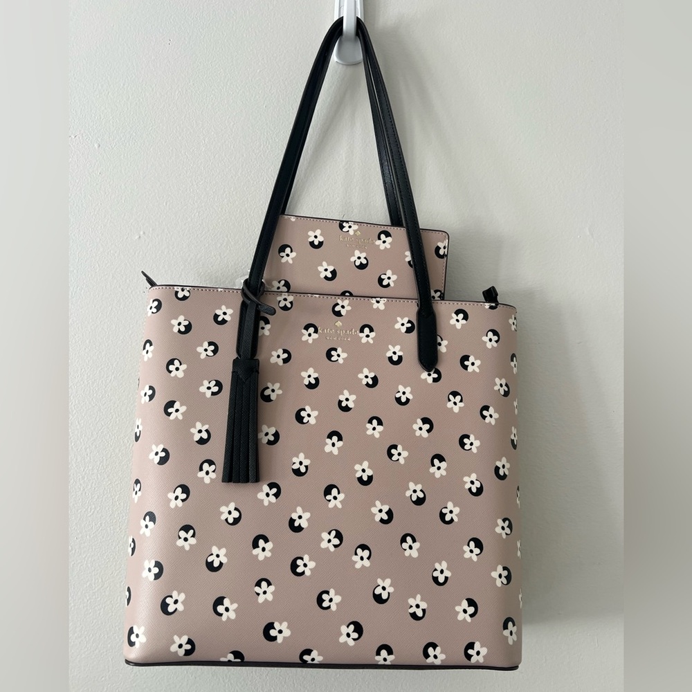 Kate Spade Floral Tassel Tote |  Black and Cream (New)